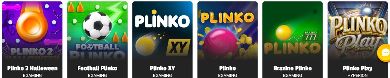 Brazino Plinko, versão exclusiva da Brazino777 feita pela BGaming, ao lado de Plinko 2 Halloween, Football Plinko, Plinko XY, Plinko e Plinko Play